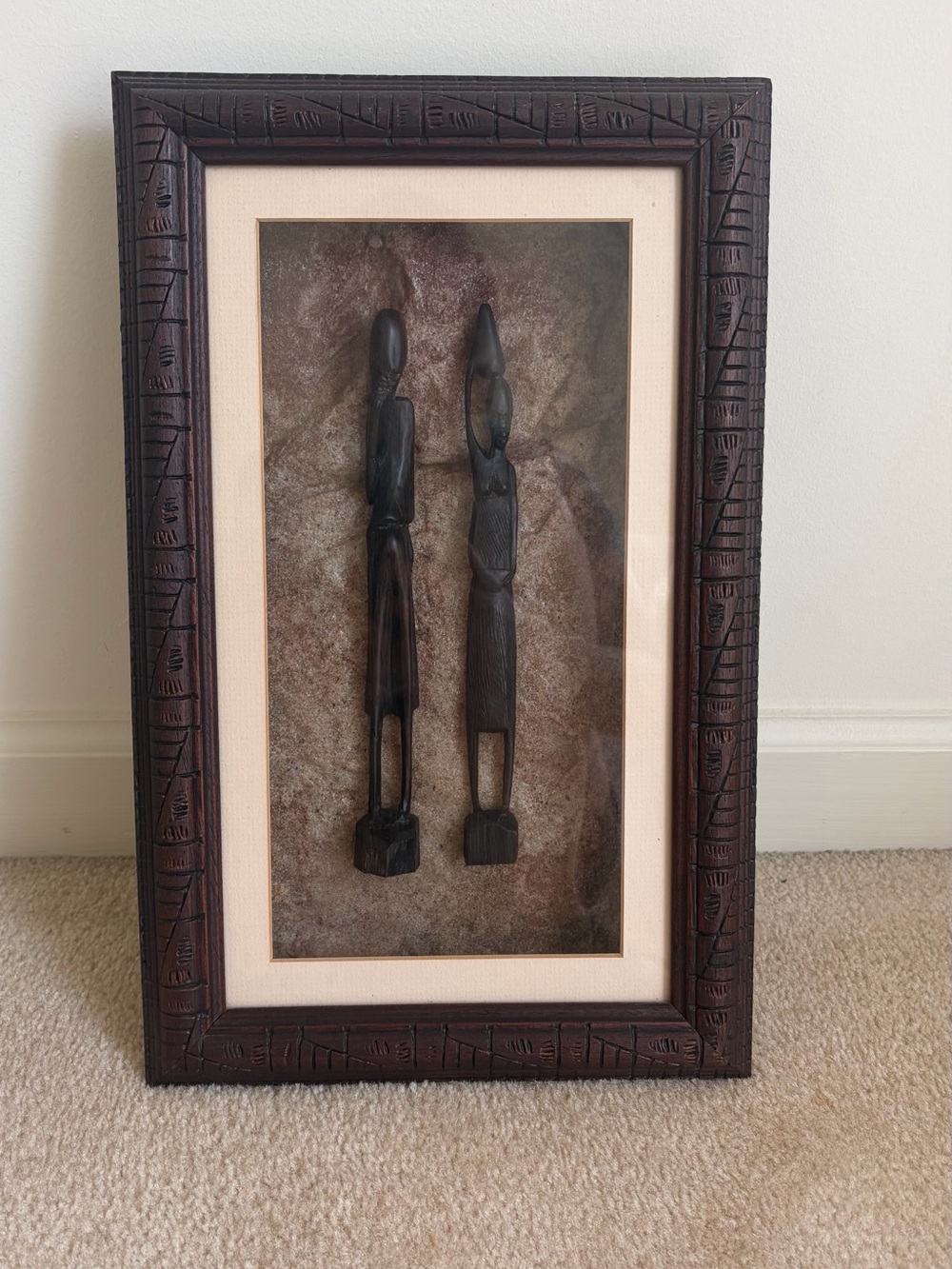 Vintage African Art Decor Shadow Box Ornate Carved Wood Figurines

.